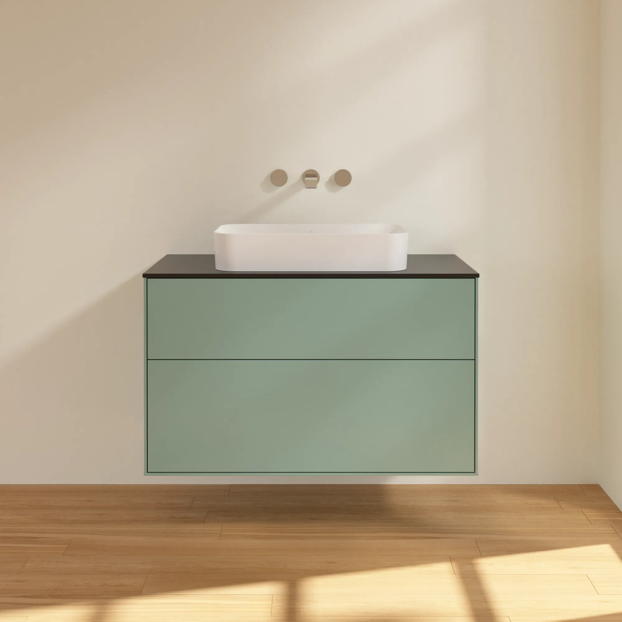 Villeroy & Boch Waschtischunterschrank „Finion“ für Schrankwaschtisch 1000 × 603 × 501 mm Olive Matt Lacquer, ohne Hahnlochbohrung, für Becken mittig