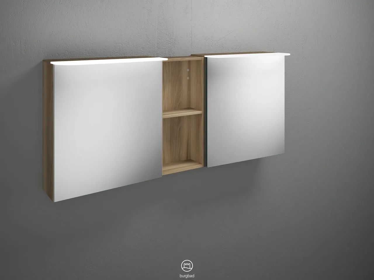Badu Spiegelschrank SFTY150 von burgbad – 310 mm tief, 1.500 mm breit, 665 mm hoch, beidseitig verspiegelt mit LED-Aufsatzleuchten und Regal Badu Spiegelschrank SFTY150 von burgbad – 310 mm tief, 1.500 mm breit, 665 mm hoch, beidseitig verspiegelt mit LED-Aufsatzleuchten und Regal