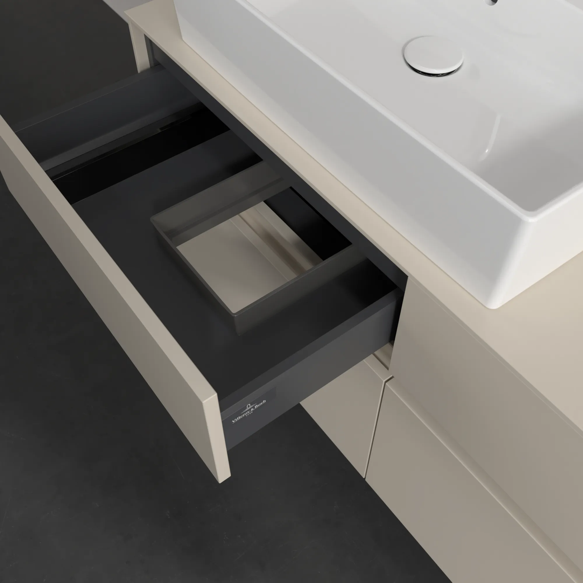 Villeroy & Boch Waschtischunterschrank „Collaro“ 1200 × 548 × 500 mm Cashmere Grey, mit Beleuchtung, für Becken links Villeroy & Boch Waschtischunterschrank „Collaro“ 1200 × 548 × 500 mm Cashmere Grey, mit Beleuchtung, für Becken links