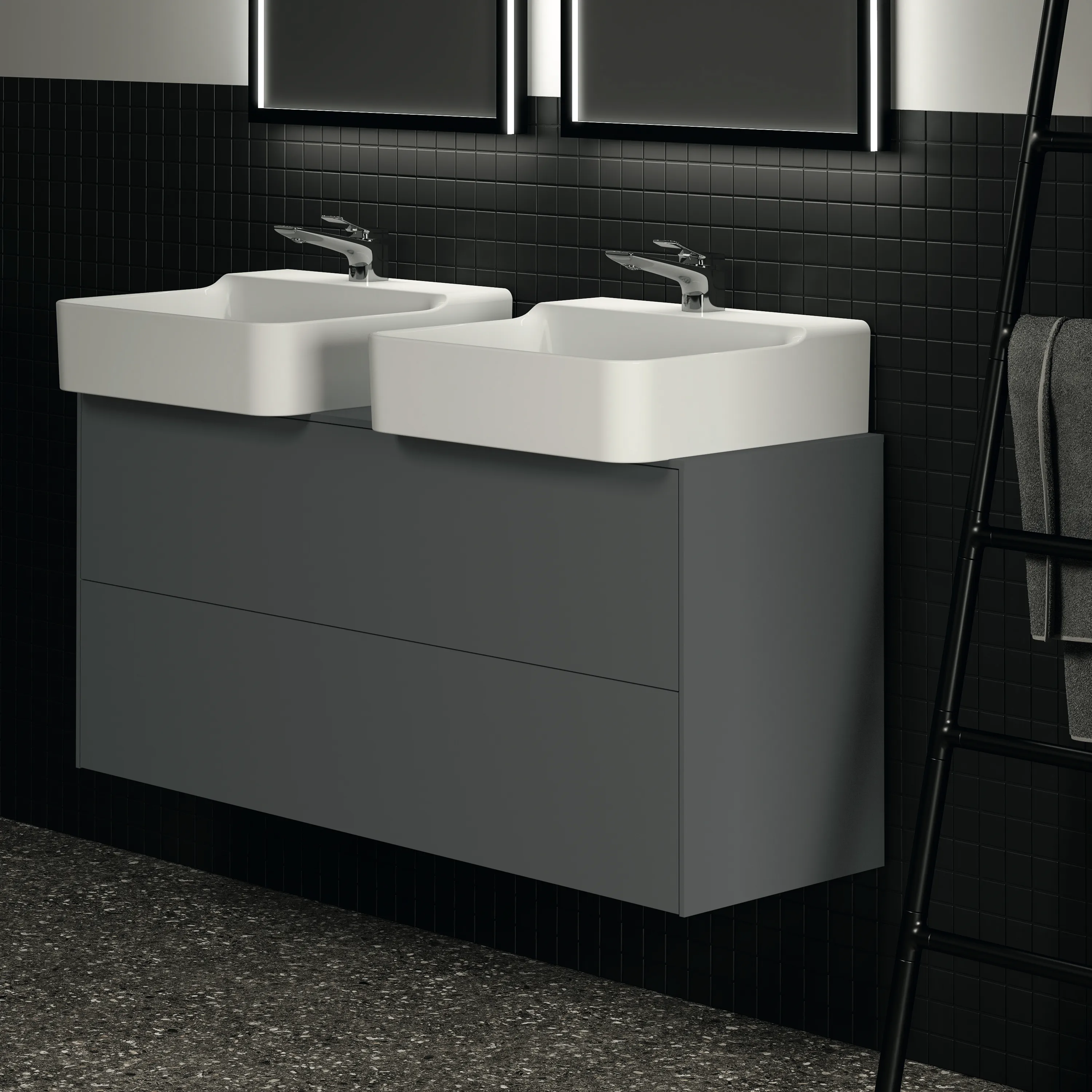 Ideal Standard Conca Waschtischunterschrank, Anthrazit matt, 1.202 x 373 x 550 mm, 2 Auszüge mit Push-Open und Softclose-Einzug, wahlweise links oder rechts