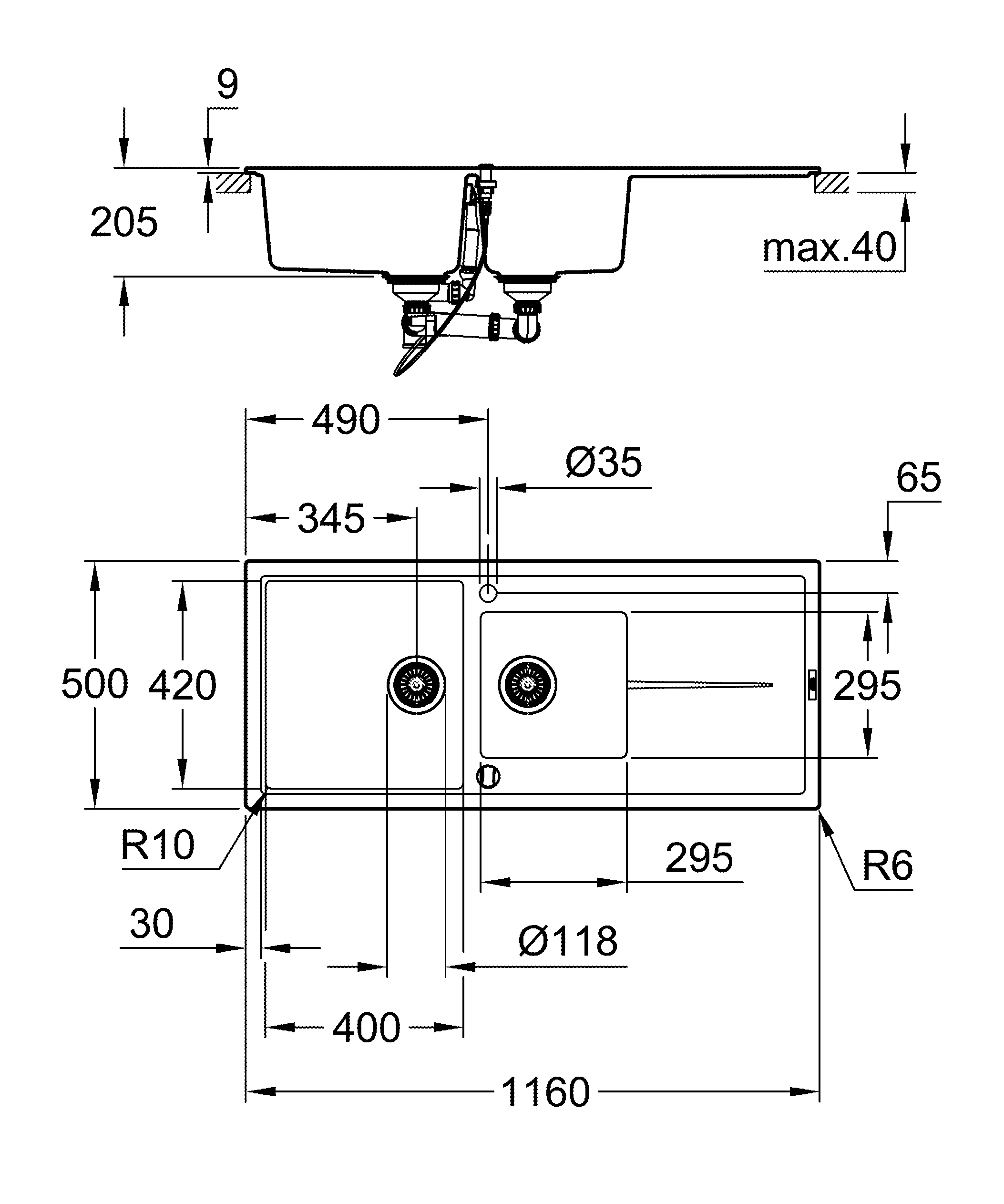 Kompositspüle K400 31643, mit Abtropffläche, Modell: K400 80-C 116/50 1.5 rev, Montageart: Standard-Einbauspüle, Maße: 1160 x 500 mm, 1 Becken: 400 x 420 x 205 mm, 2 Becken: 295 x 295 x 205 mm, granit schwarz