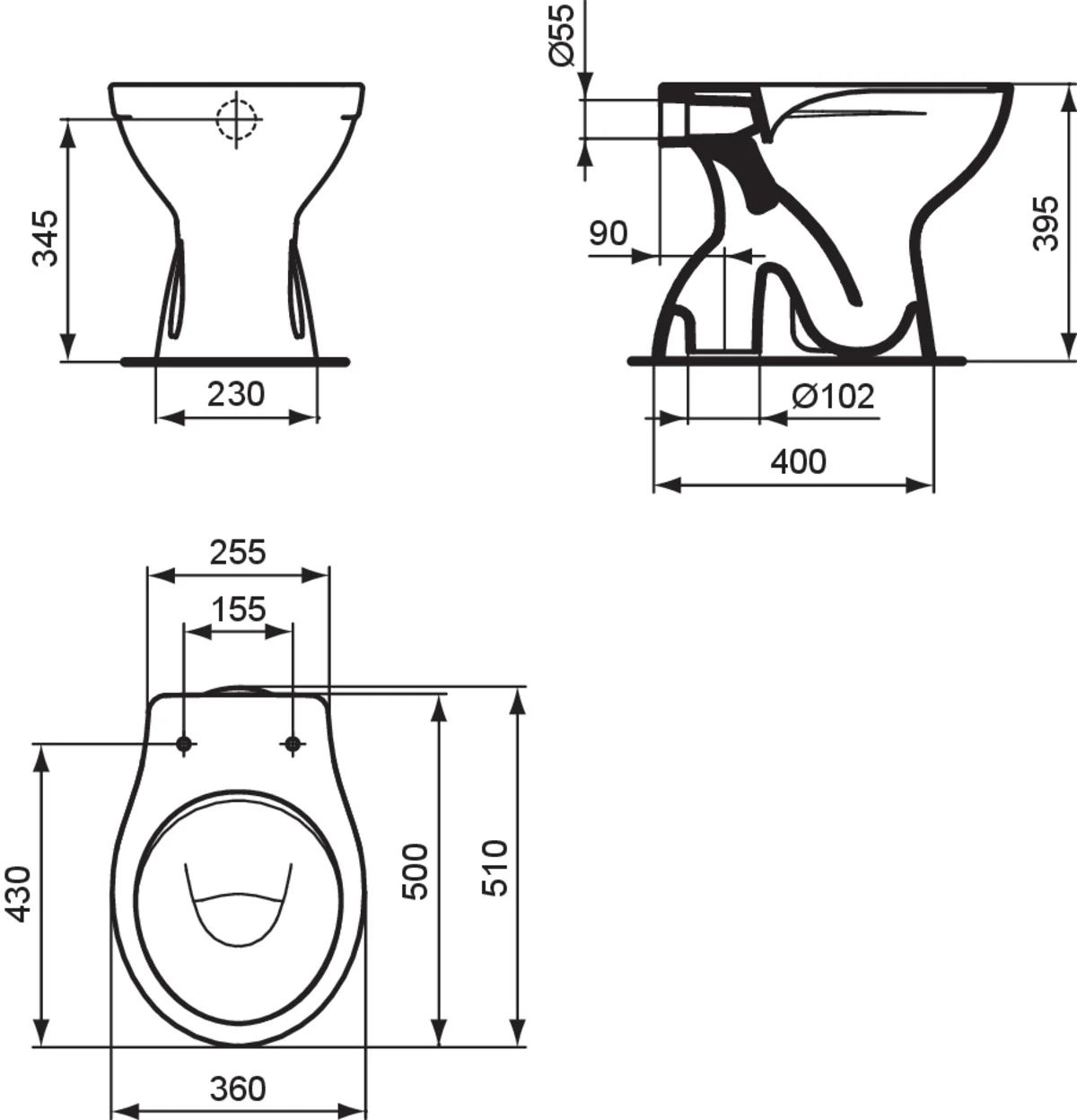 Ideal Standard Eurovit Standtiefspül-WC RimLS, spülrandlos, vertikaler Ablauf, weiß