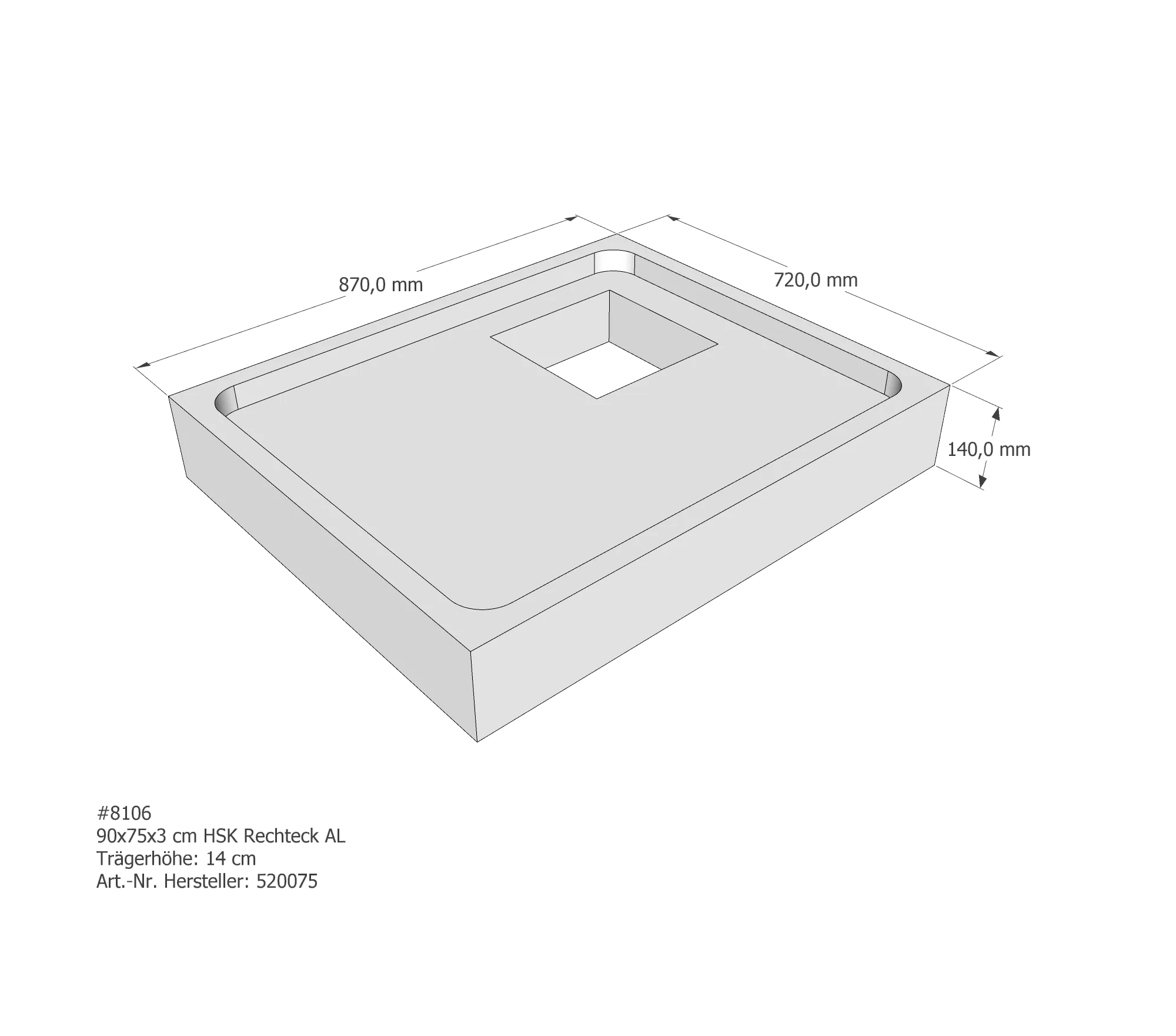 Duschwannenträger für HSK Rechteck flach 75 × 90 × 3 cm