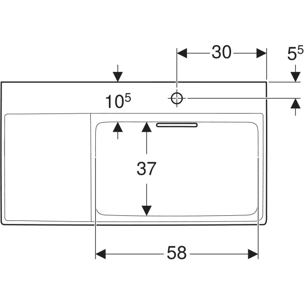 Wandwaschtisch mit Ablagefläche „One“ mit horizontalem Ablauf, rechteckig, Hahnlochposition rechts, Ablagefläche links 90 × 48 cm in weiß alpin mit KeraTect®