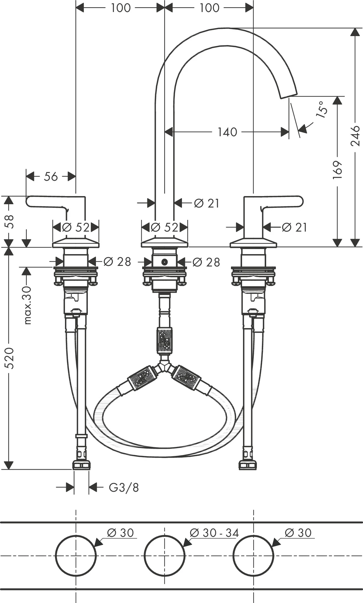 Hansgrohe AXOR One 3-Loch Waschtischarmatur Chrom, ComfortZone 170, Ausladung 140 mm, Auslaufhöhe 169 mm, Hebelgriff, Push-Open Ablaufgarnitur G 11/4