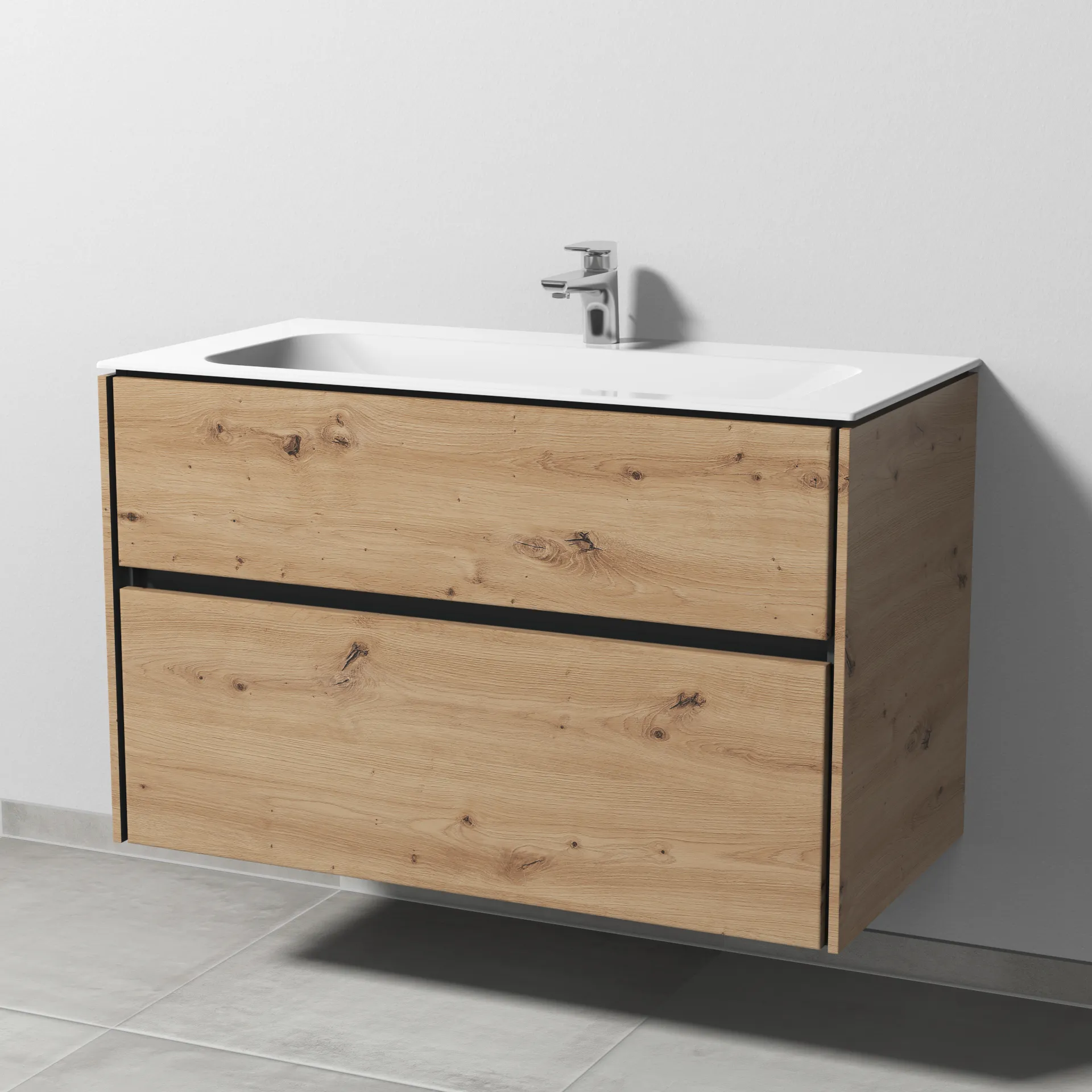 Keramik-Waschtisch-Set mit Waschtischunterschrank „Twiga“ 99 × 50 × 61 cm in Eiche Natural-Touch, ohne Beleuchtung, mit Hahnlochbohrung Keramik-Waschtisch-Set mit Waschtischunterschrank „Twiga“ 99 × 50 × 61 cm in Eiche Natural-Touch, ohne Beleuchtung, mit Hahnlochbohrung