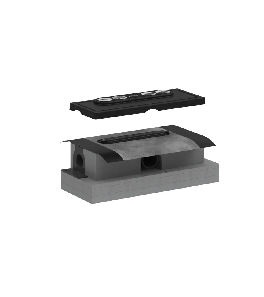 Hansgrohe AXOR uBox universal Duschrinnenablaufgehäuse, 3-seitiger Anschluss DN50, waagerechter Auslass, Sperrwasserhöhe 50 mm, Mindestbauhöhe 75 mm