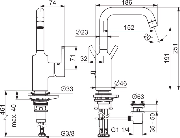 EHM Waschtischbatterie VANTIS 5254 Ablaufgarnitur mit Zugstange Ausladung 152 mm Chrom