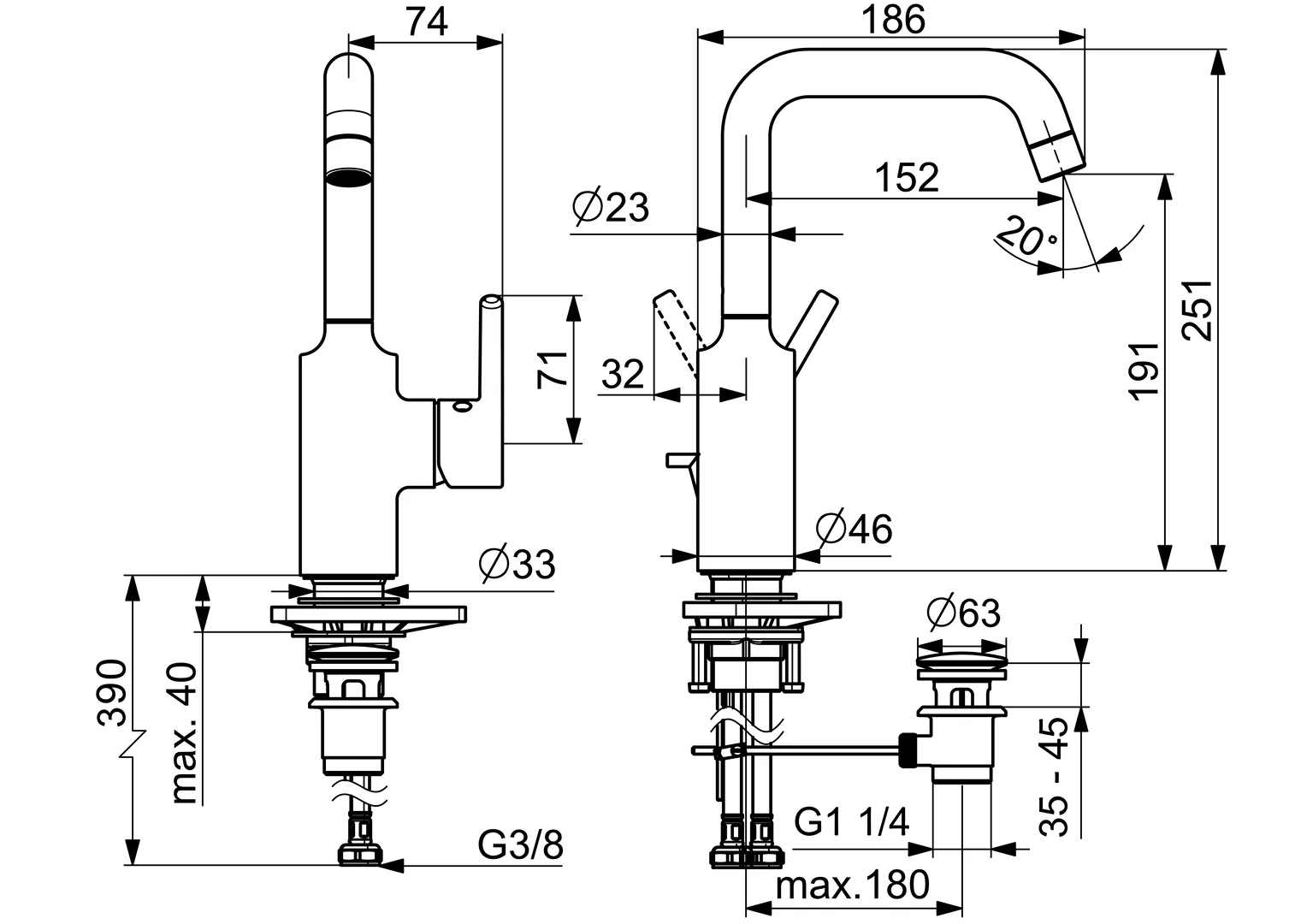 HansaVANTIS Waschtischarmatur Hansavantis 2022 EHM WT-Batt. 5254 Ablaufgarnitur Ausladung 152 mm Chrom