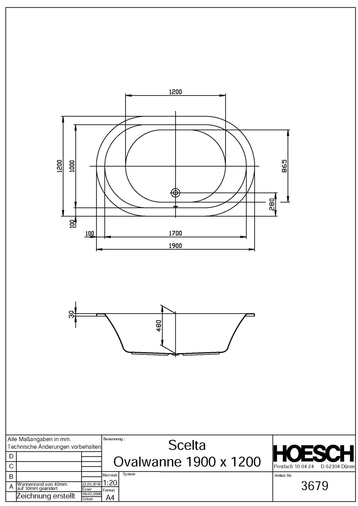Hoesch Badewanne „Scelta“ oval 190 × 120 cm in Weiß