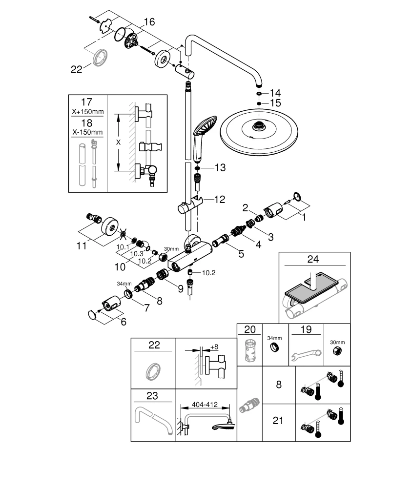 Duschsystem Euphoria System 310 26723, Aufputz-Thermostat mit Aquadimmer Funktion, Wandmontage, für die Wandmontage, 450 mm Duscharm, Kopfbrause Rainshower Mono 310 (26562), Handbrause Euphoria 110 Massage (27239), CoolTouch, chrom