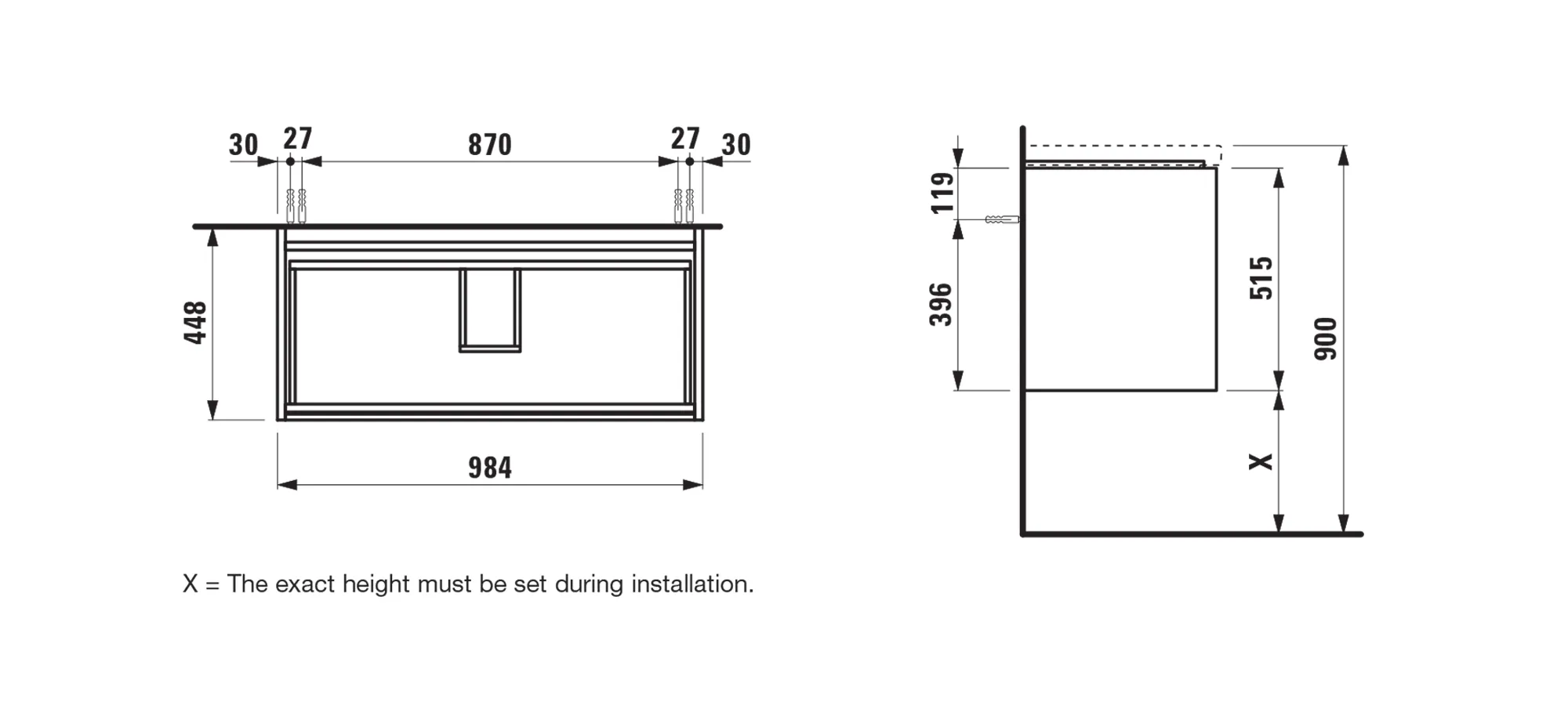 Waschtischunterbau LANI 442x984x515 mit 2 Schubladen integrierter Griffleiste Vollauszug und Soft-Close für Waschtisch LUA H810089, Kartell • H810337, LIVING CITY H818437 weiß matt