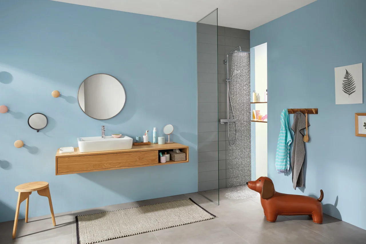 Hansgrohe Croma E Showerpipe 280 1jet chrom mit Brausethermostat Ecostat E - Aufputzinstallation, 340 mm Brausearmlänge, 2 Verbraucher