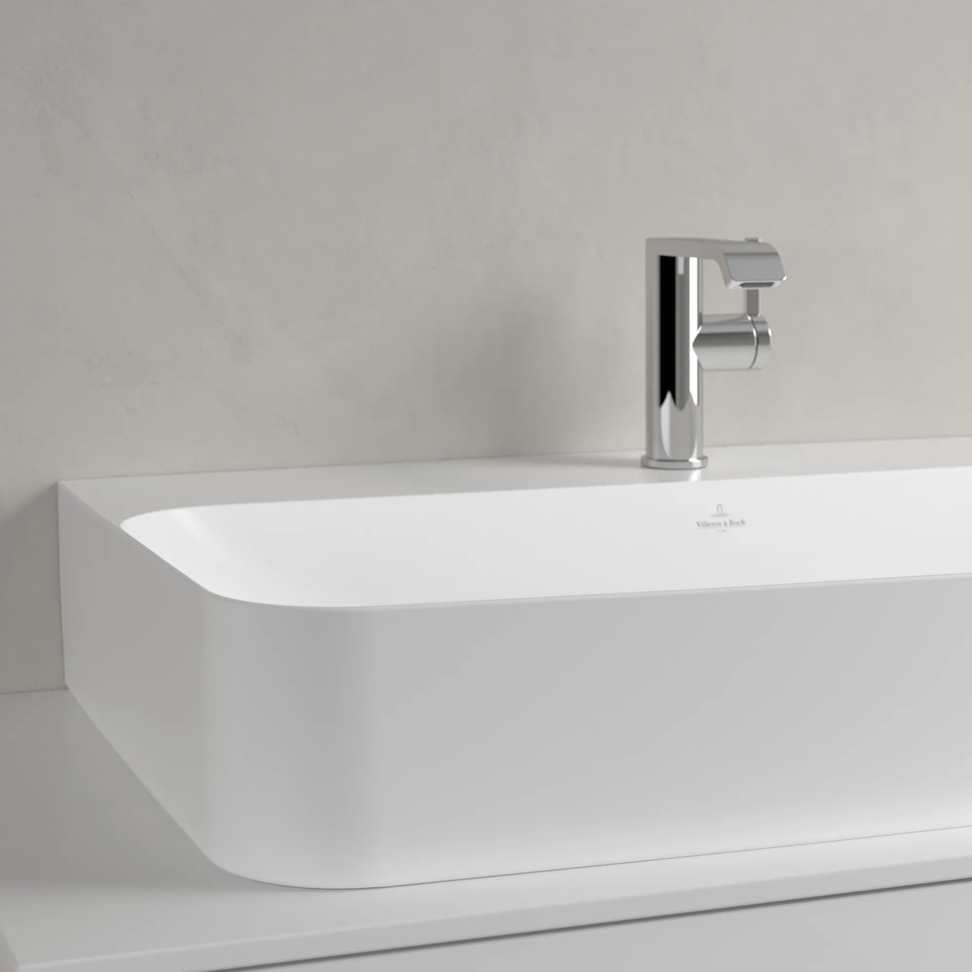 Villeroy & Boch Wandwaschtisch aus TitanCeram geschliffen „Finion“ 800 × 470 × 165 mm, mit Hahnlochbohrung, Hahnlochposition mittig in Stone White, mit CeramicPlus