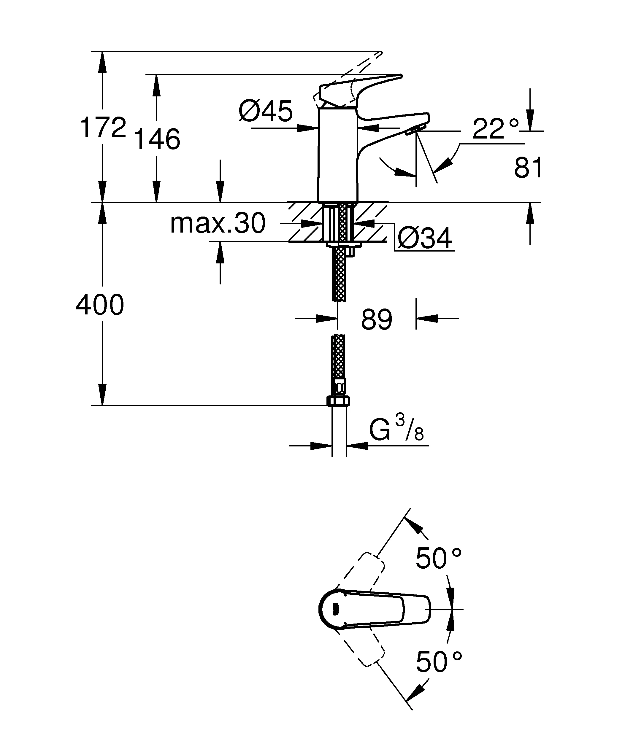 Einhand-Waschtischbatterie BauFlow 23752, Einlochmontage, glatter Körper, S-Size, chrom