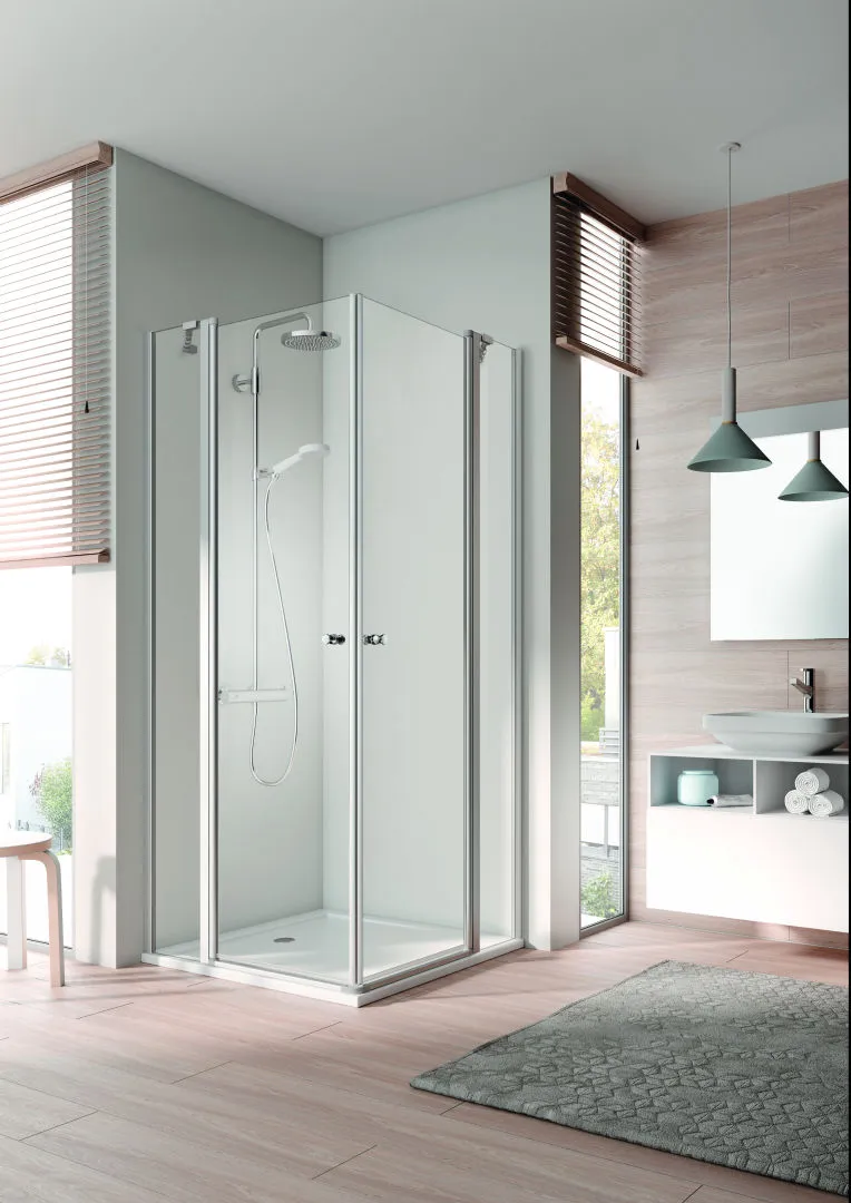 Kermi Duschtür Eckeinstieg 2-teilig (Pendeltüren mit Festfeldern) Halbteil links „IBIZA 2000“ 200 cm Glas SR Opaco, Profile Silber Mattglanz, Anschlag links, Drehtür zweiteilig