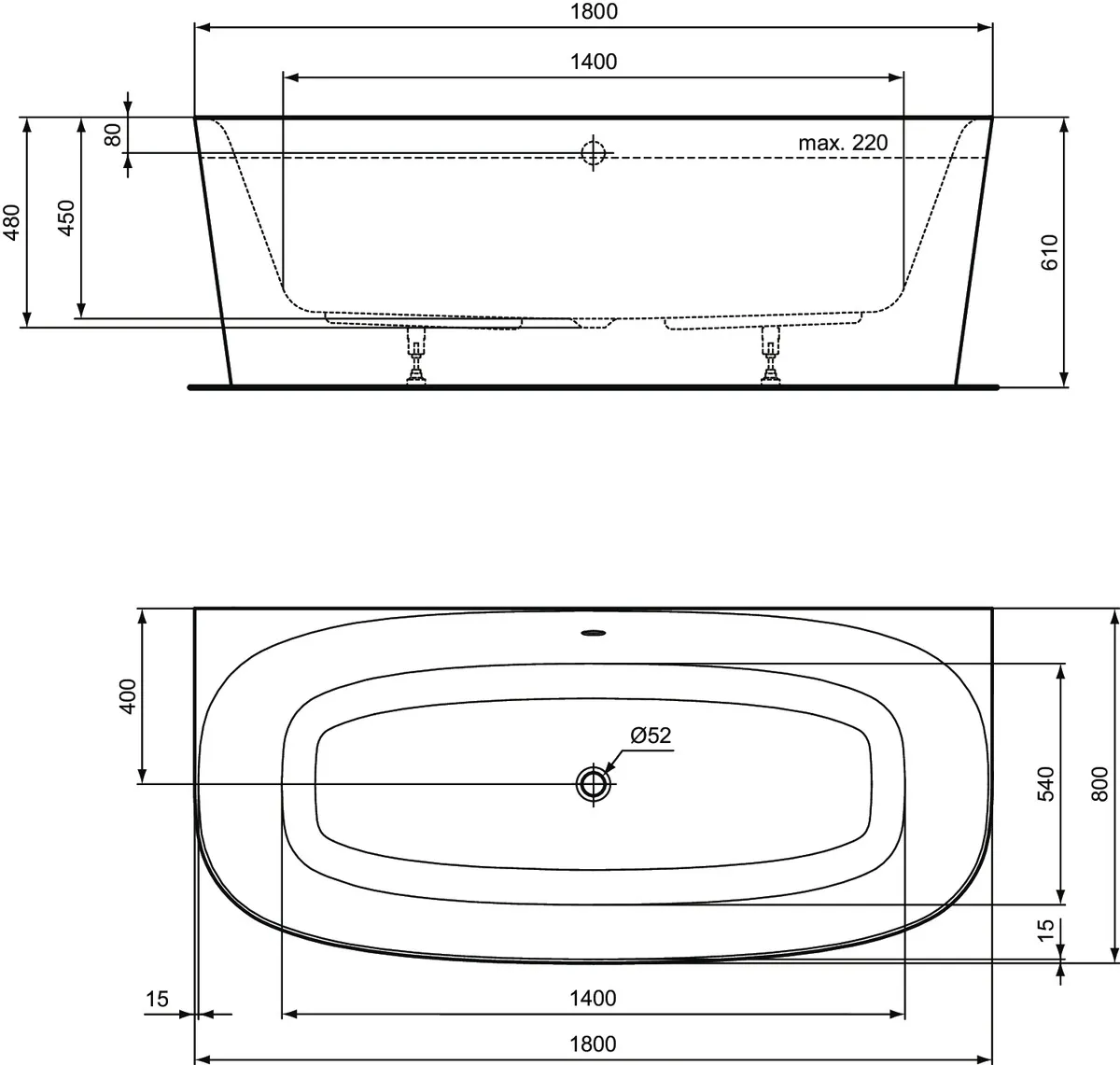 Ideal Standard Badewanne „Dea“ 80 × 180 cm in Weiß