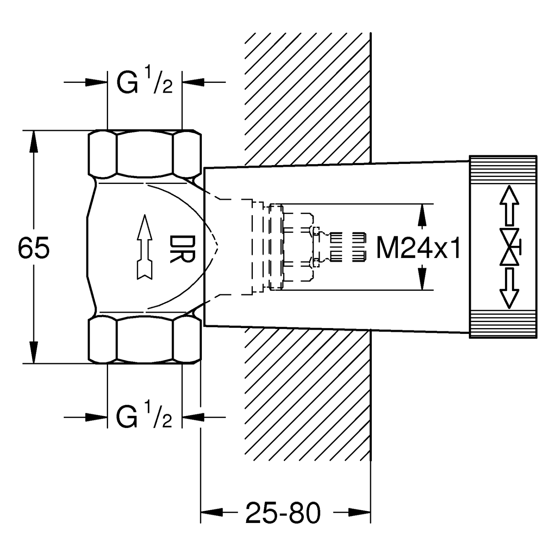 Unterputz-Ventil-Unterteil 29800, DN 15, vormontiertes Oberteil 1/2″, kurze Spindel, Gewindeanschluss 1/2″