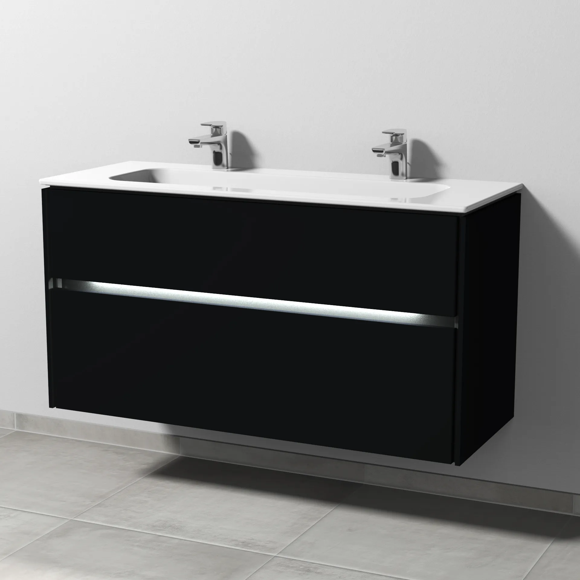 Keramik-Waschtisch-Set mit Waschtischunterschrank „Twiga“ 119 × 46 × 61 cm in Schwarz (matt), mit Hahnlochbohrung, mit Beleuchtung