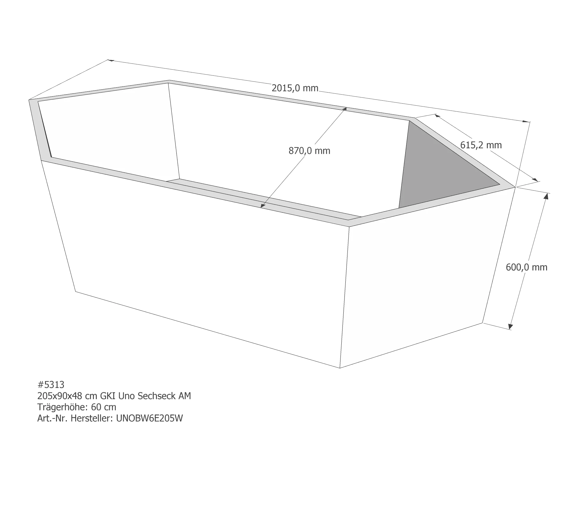 Duschwannenträger für GKI Uno Sechseck 205 × 90 × 48 cm