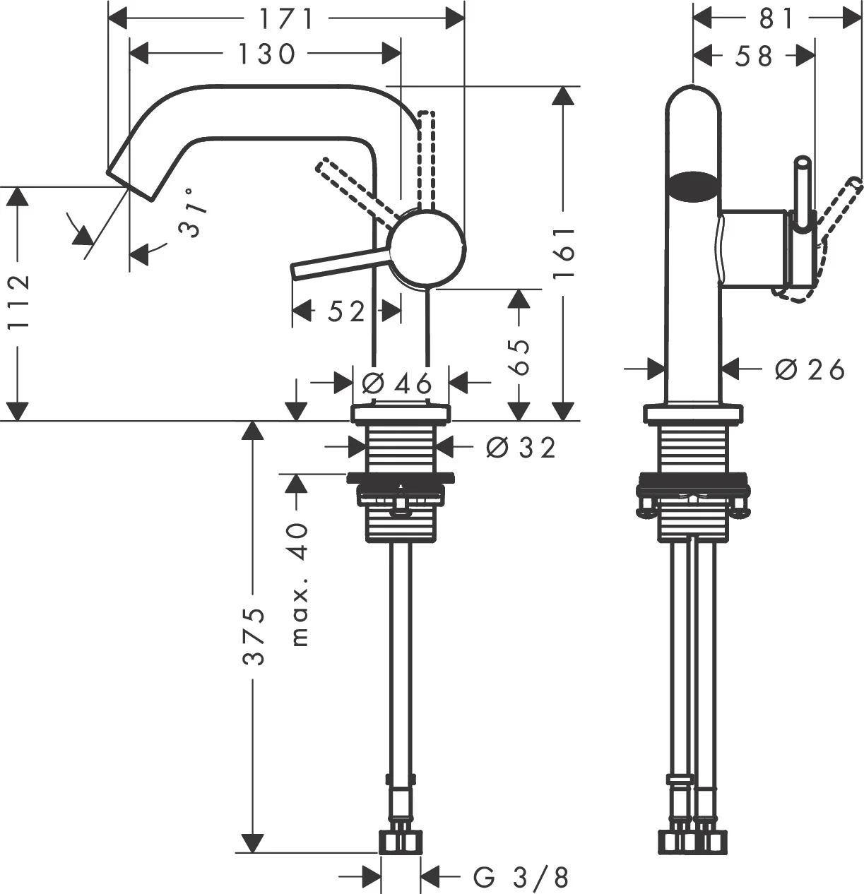 Hansgrohe Tecturis S Einhebel-Waschtischmischer Chrom, ComfortZone 110, Ausladung 130 mm, Auslaufhöhe 112 mm, Hebelgriff, Normalstrahl, max. Durchfluss 4 l/min, Keramikmischsystem, für Durchlauferhitzer geeignet