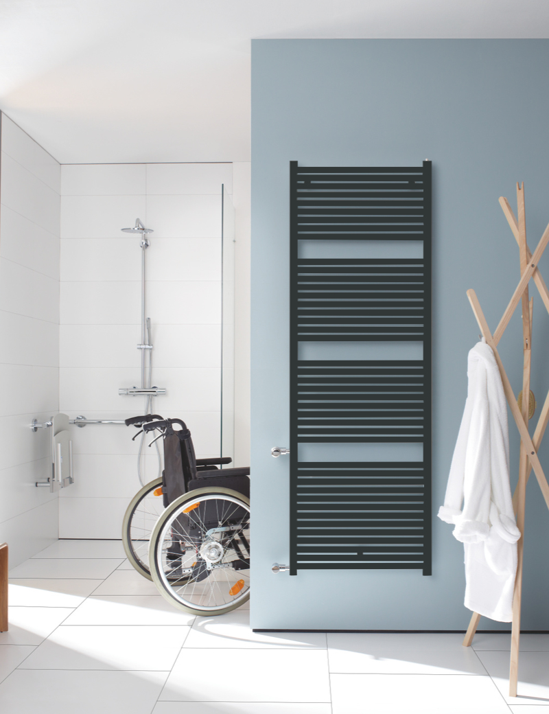 Design-Heizkörper Zehnder Toga Austausch, RAL 7016, 1.148 x 35 x 600 mm, wahlweise rechts oder links, Anschlussmaße passend auf alte DIN-, Guss- oder Plattenheizkörper mit Nabenabstand 500/900 mm