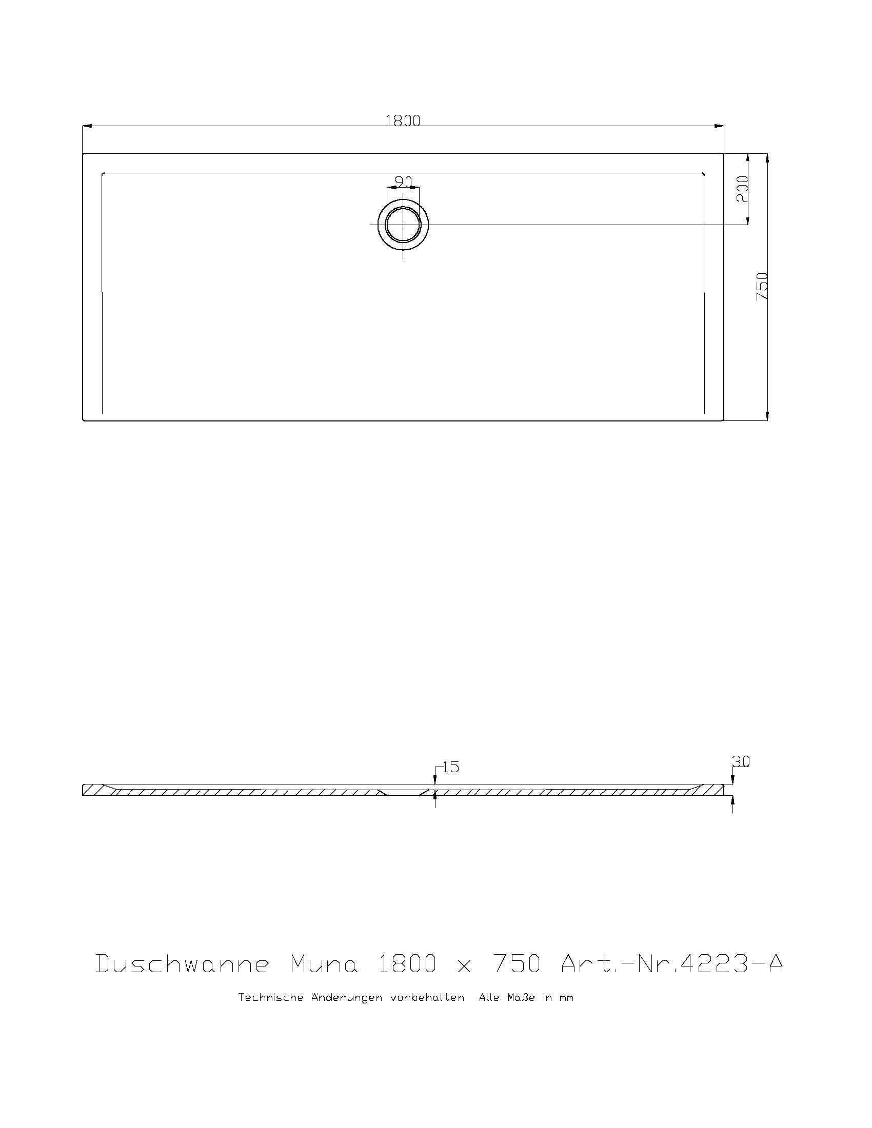 Duschwanne „Muna“ Rechteck 180 × 75 cm in Weiß