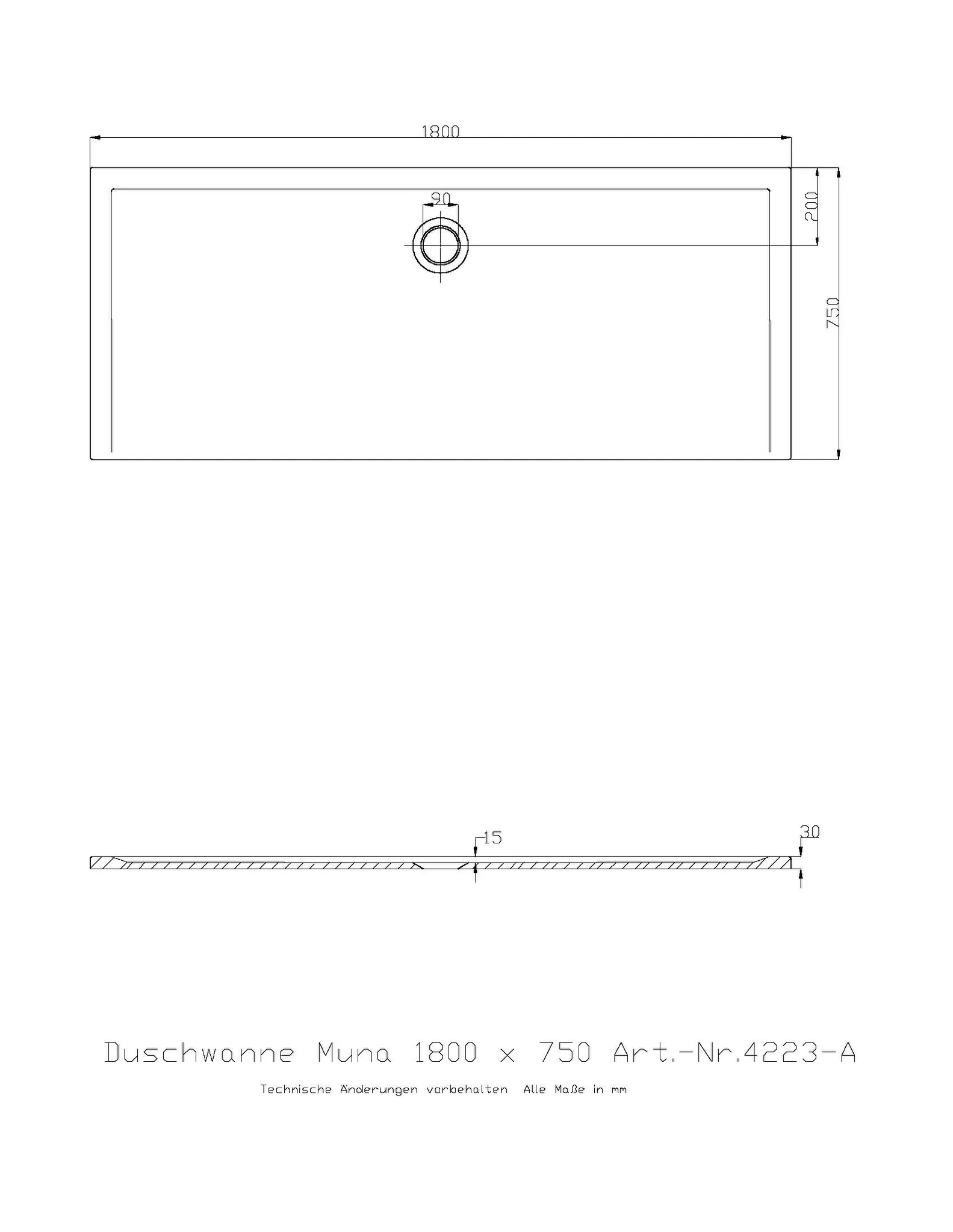 Duschwanne „Muna“ Rechteck 180 × 75 cm in Schiefergrau