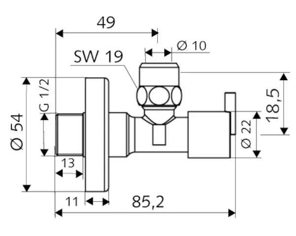 Eckventil mit Regulierfunktion PINT, Design-Griff, Schubrosette Ø 54 mm, DN 15 G 1/2 AG, Ø 10 mm (DN 10 G 3/8 AG), chrom