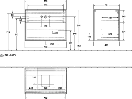 Villeroy & Boch Waschtischunterschrank „Finion“ für Schrankwaschtisch 80 × 60,3 × 50,1 cm 2 Schubladen, für Waschtischposition mittig, inkl. Beleuchtung mittig