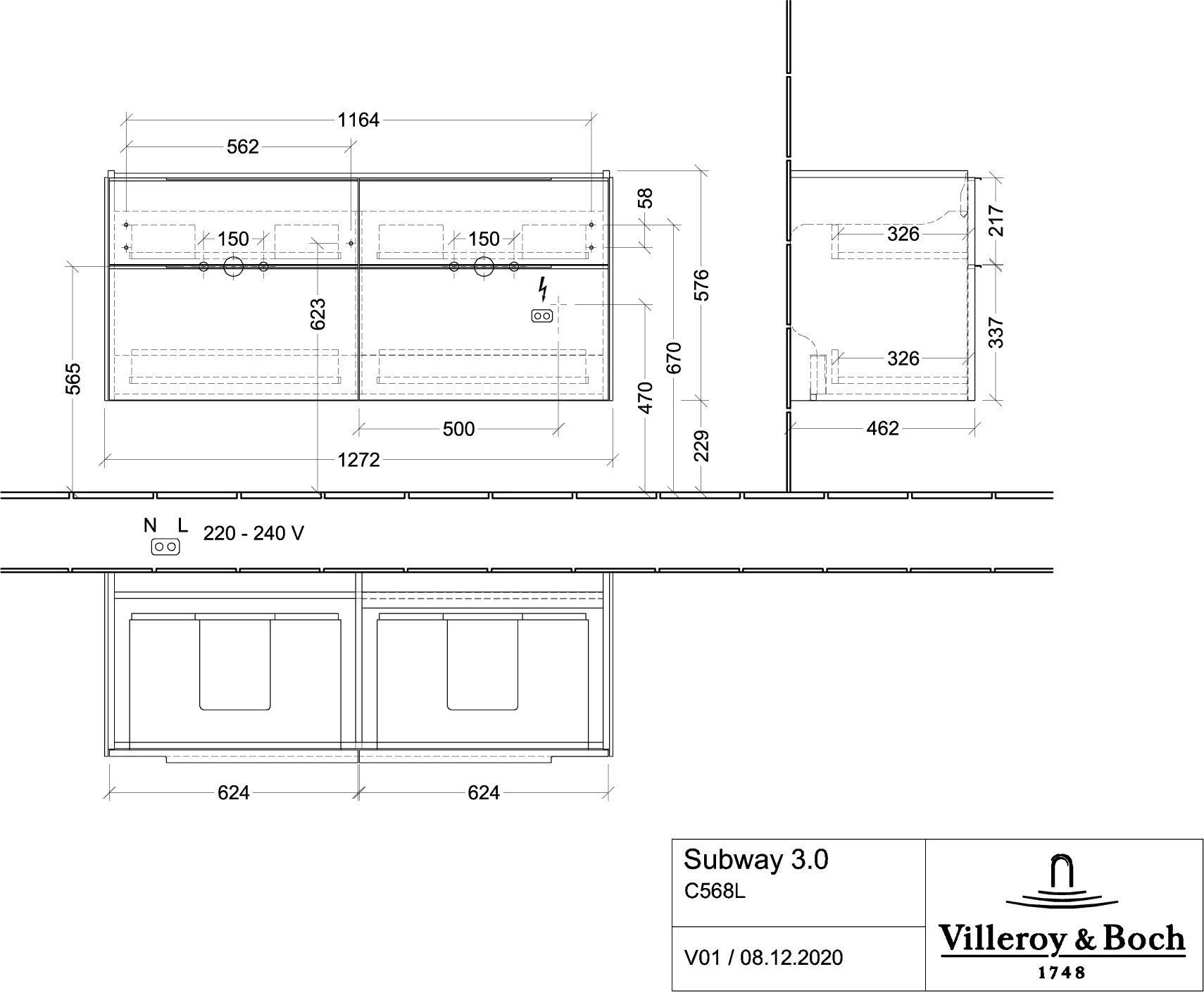 Villeroy & Boch Subway 3.0 Waschbeckenunterschrank C568L0, 1272 x 576 x 478 mm, mit Beleuchtung