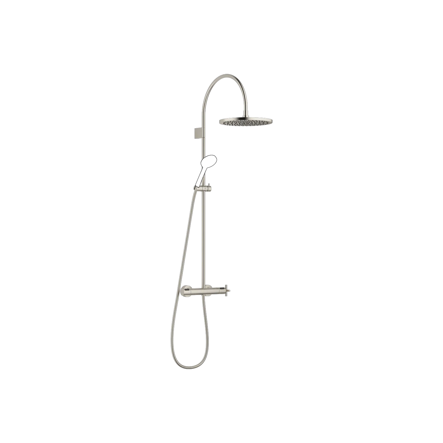 Dornbracht TARA Showerpipe mit Brause-Thermostat, Platin gebürstet, 300 mm Regenbrause, 964 mm Höhe bis Unterkante, 1267 mm Höhe bis Oberkante Bogen