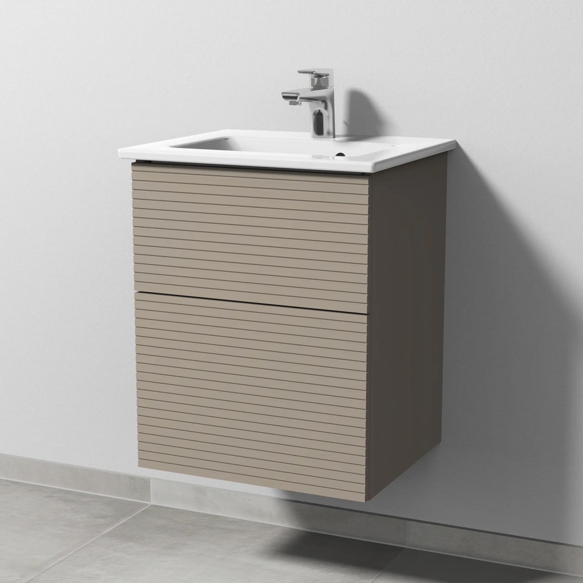 Set „3way“ Struktur 46,5 × 40,1 × 59,1 cm in Sandgrau (matt), mit Hahnlochbohrung, Becken mittig Set „3way“ Struktur 46,5 × 40,1 × 59,1 cm in Sandgrau (matt), mit Hahnlochbohrung, Becken mittig