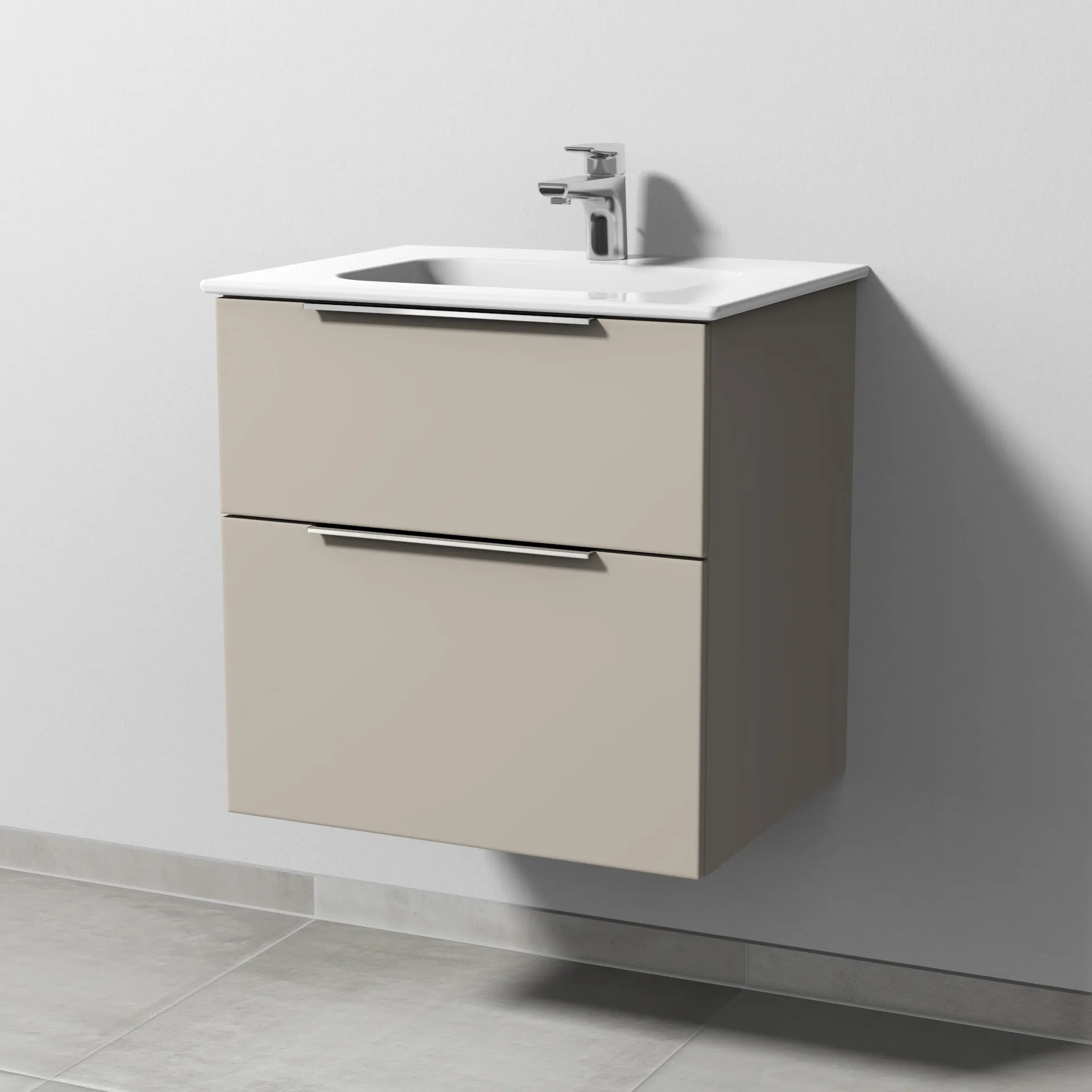 Keramik-Waschtisch-Set mit Waschtischunterschrank „3way“ 57 × 46 × 58,2 cm in Kaschmir (matt), mit Hahnlochbohrung, Becken mittig Keramik-Waschtisch-Set mit Waschtischunterschrank „3way“ 57 × 46 × 58,2 cm in Kaschmir (matt), mit Hahnlochbohrung, Becken mittig