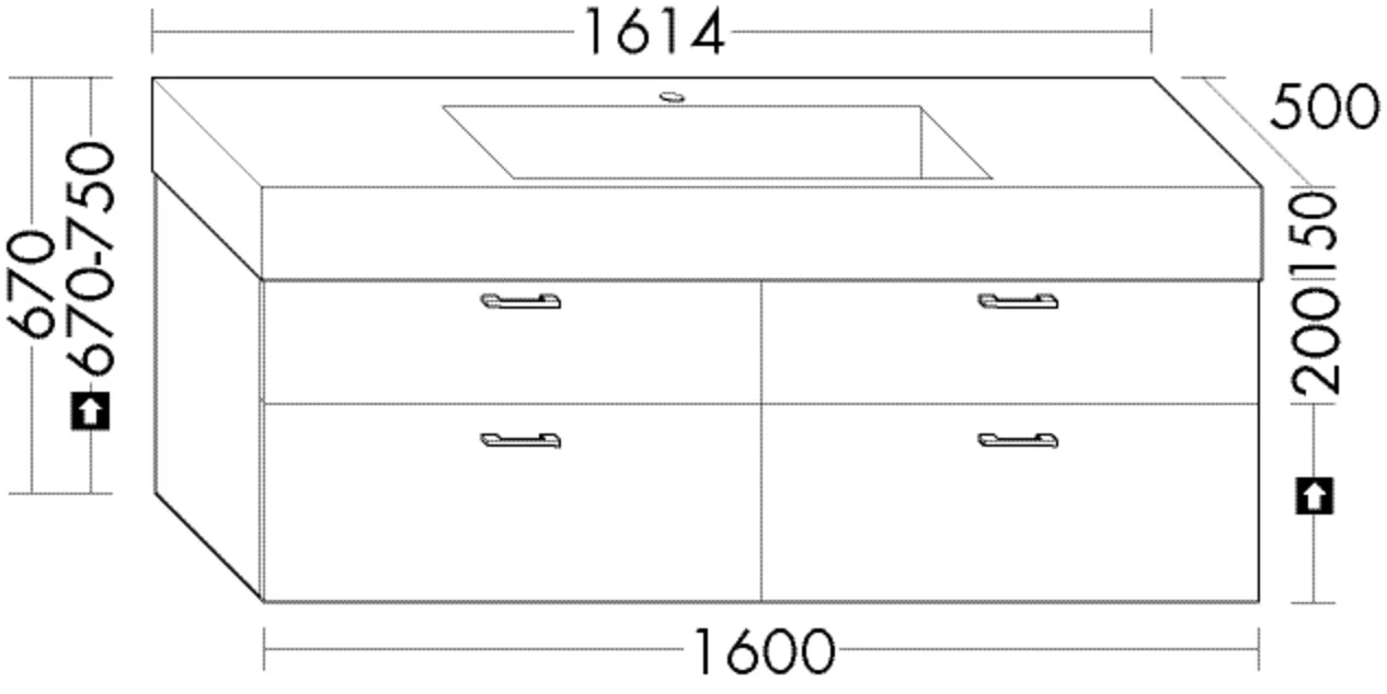 Mineralguss-Waschtisch Crono inkl. Waschtischunterschrank, Mineralguss-Waschtisch;Beckenmaß 770x330 mm;Muldentiefe: 130 mm;Waschtischunterschrank;2 Schubladen oben, 350 mm tief;2 Auszüge unten, 350 mm tief;inkl. cleanFlow, Tiefe: 500 mm, Breite: 1614 mm