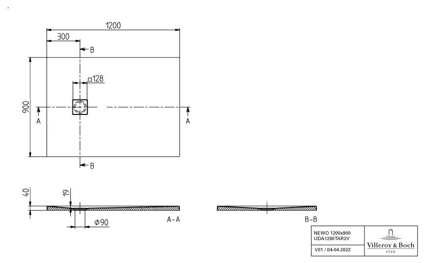 Villeroy & Boch rechteck Duschwanne Flächenbündiger Einbau „Newo“ 120 × 90 cm ohne Oberflächenbeschichtung, in Weiß Alpin