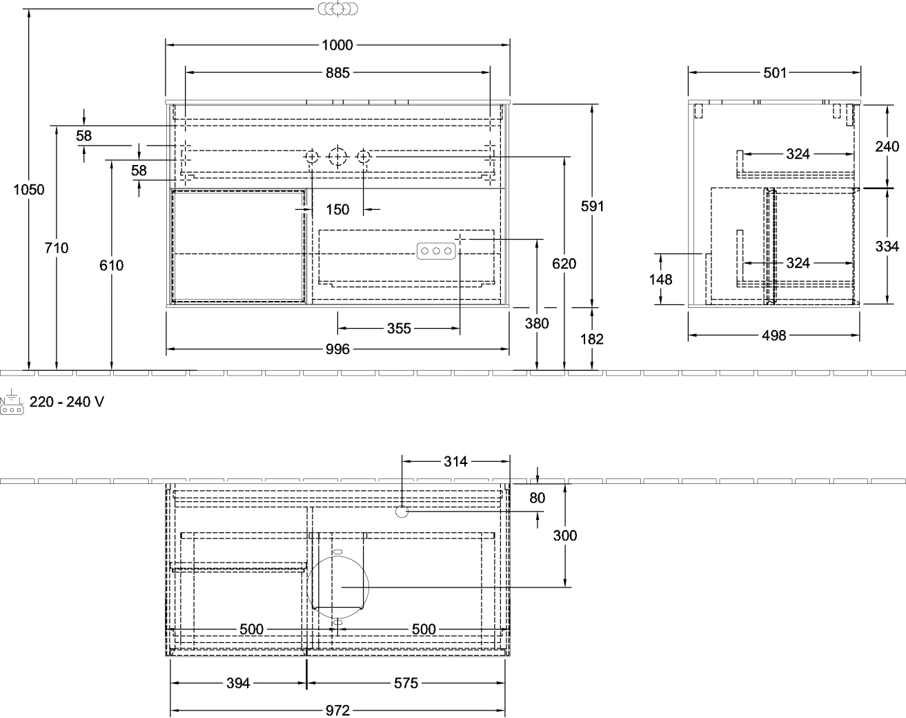 Villeroy & Boch Waschbeckenunterschrank Finion G89, 1000 x 603 x 501 mm, Black Matt Lacquer, mit Beleuchtung und Push-to-open Funktion