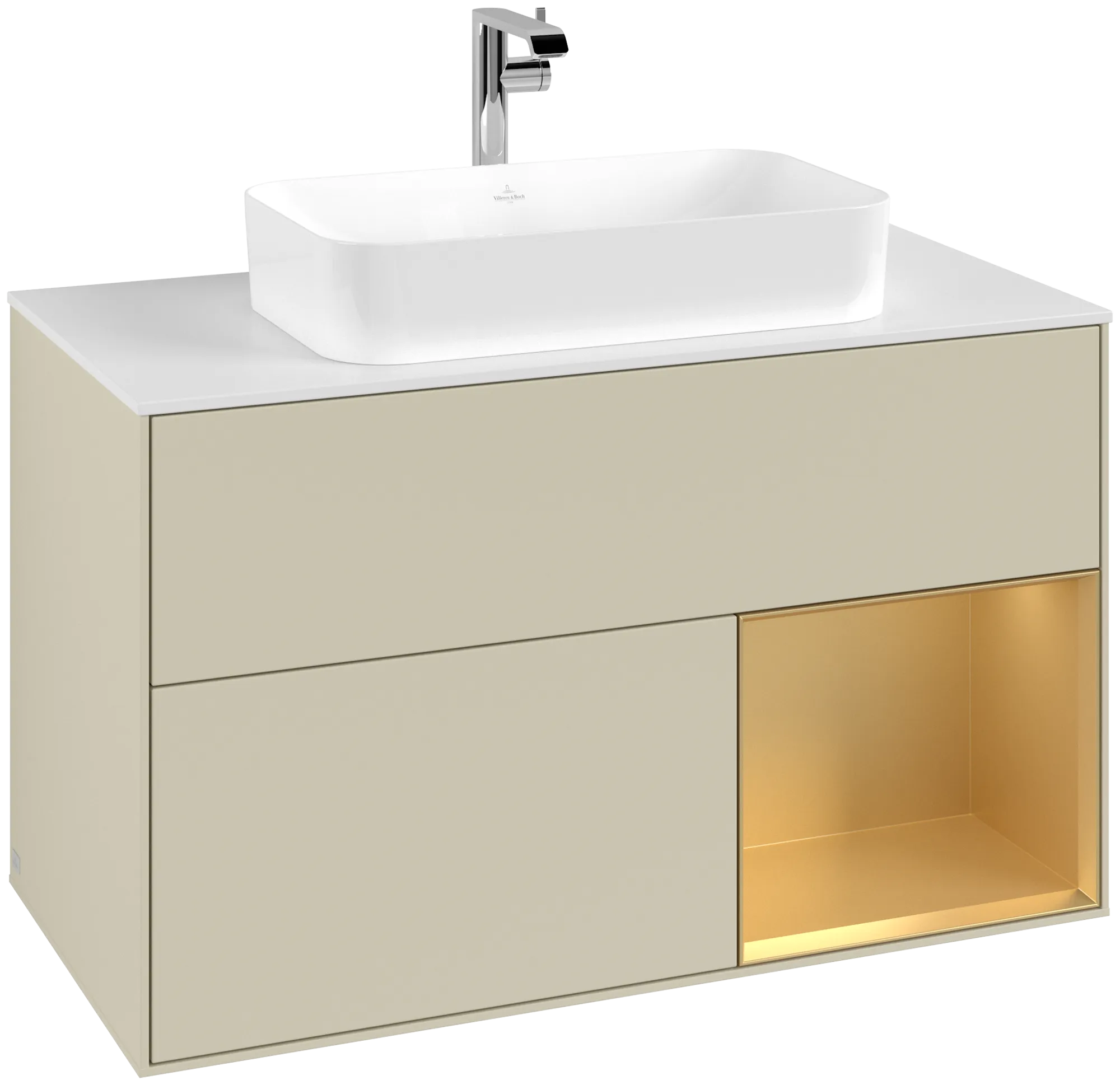 Villeroy & Boch Waschbeckenunterschrank Finion G25, 1000 x 603 x 501 mm, Silk Grey Matt Lacquer / Gold Matt Lacquer / Glass White Matt