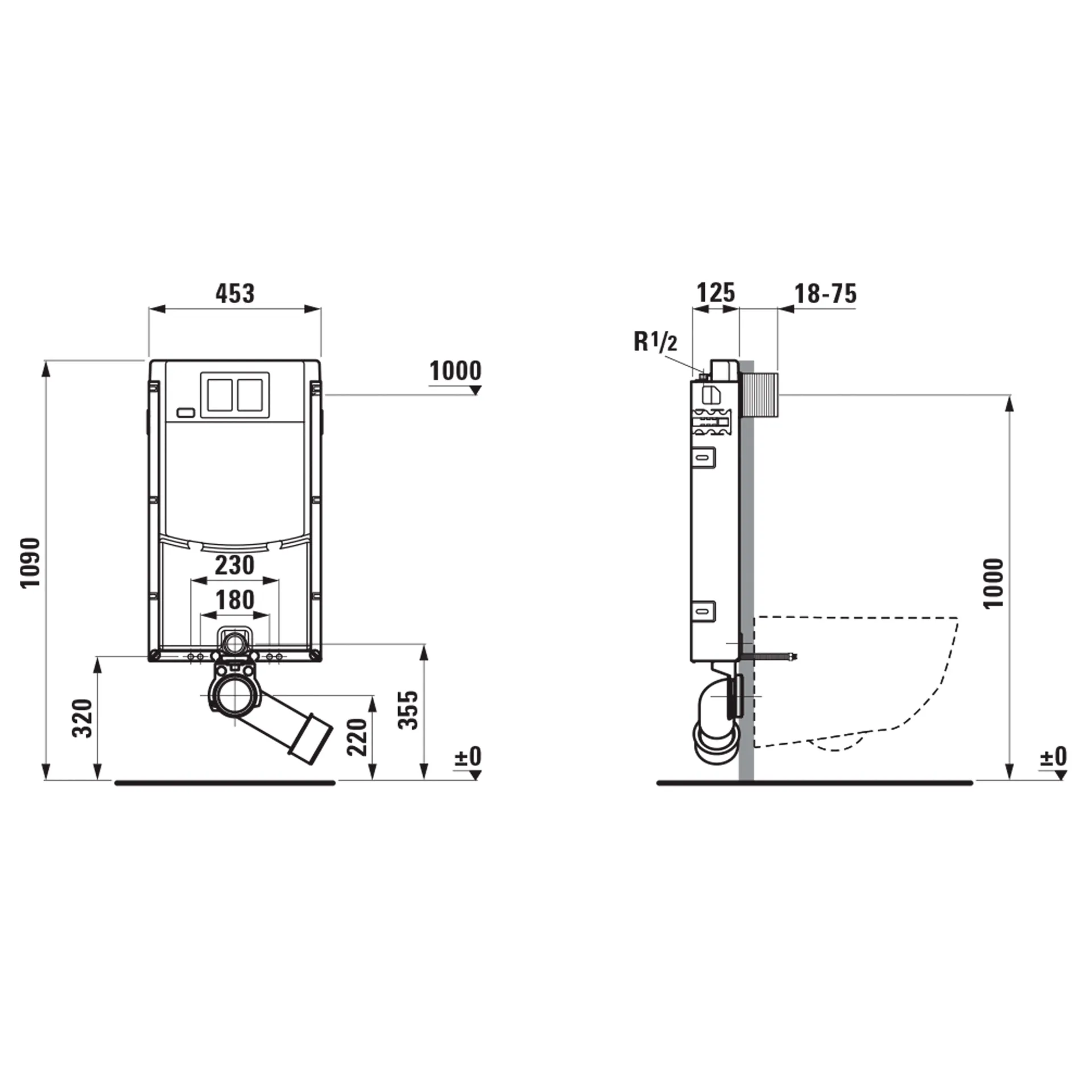 Nassbauelement INEOLINK für Wand-WC und Dusch-WC, Bauhöhe 1090 mm, Einbauhöhe kann individuell an WC-Modell angepasst werden, für Nassbau, mit Stahlzargen, Spülkasten vormontiert, für Frontbetätigung, mit Dual-Flush 2-Mengen-Spülsystem