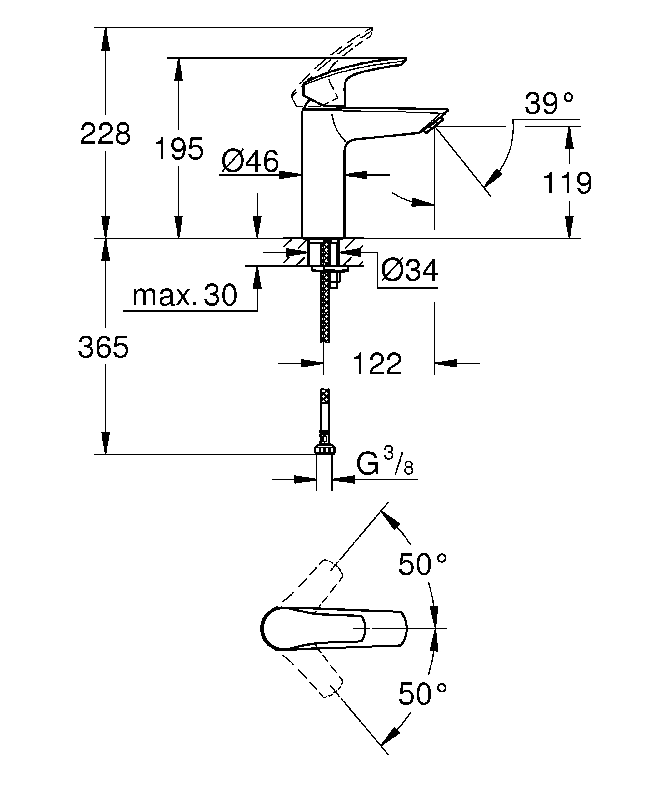 Einhand-Waschtischbatterie Eurosmart 23324_3, M-Size, Einlochmontage, Temperaturbegrenzer, glatter Körper Einhand-Waschtischbatterie Eurosmart 23324_3, M-Size, Einlochmontage, Temperaturbegrenzer, glatter Körper