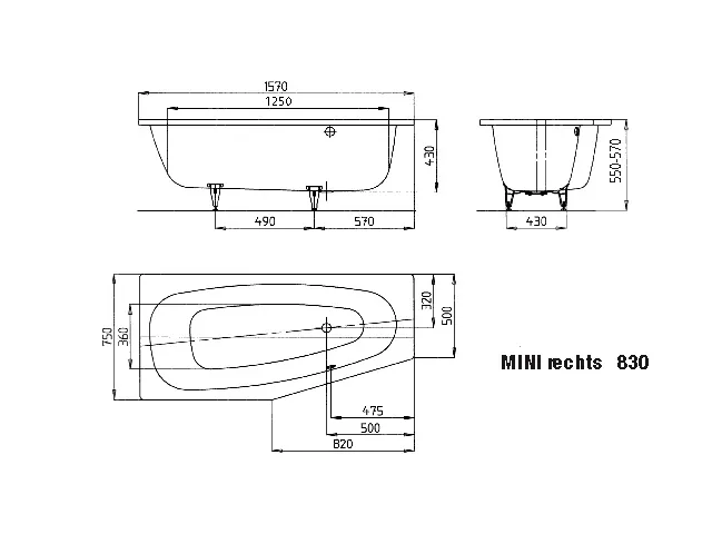Kaldewei Badewanne „Mini“ trapez fünfeck 157 × 75 cm, ohne Grifflochbohrungen, rechts in alpinweiß