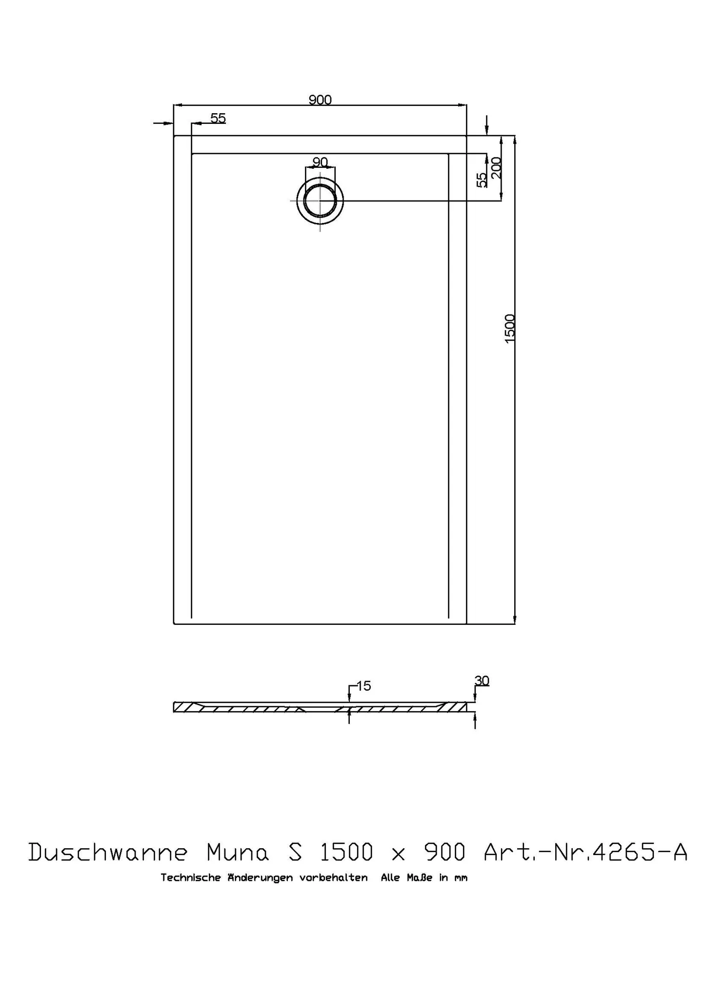 Duschwanne „Muna S“ Rechteck 150 × 90 cm in Telegrau