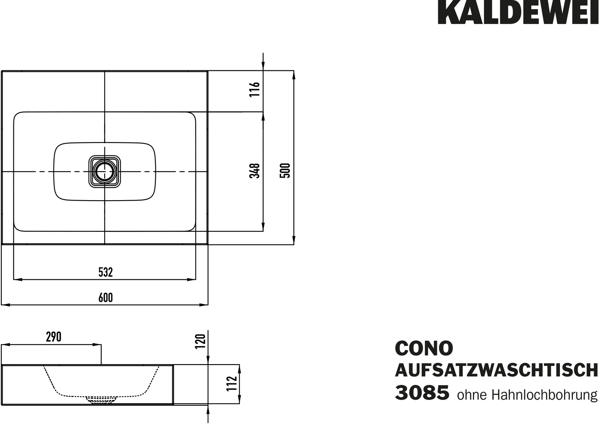 Aufsatzwaschtisch „Cono“ 60 × 50 cm, ohne Überlauf, mittig, ohne Hahnlochbohrung in alpinweiß mit Perl-Effekt
