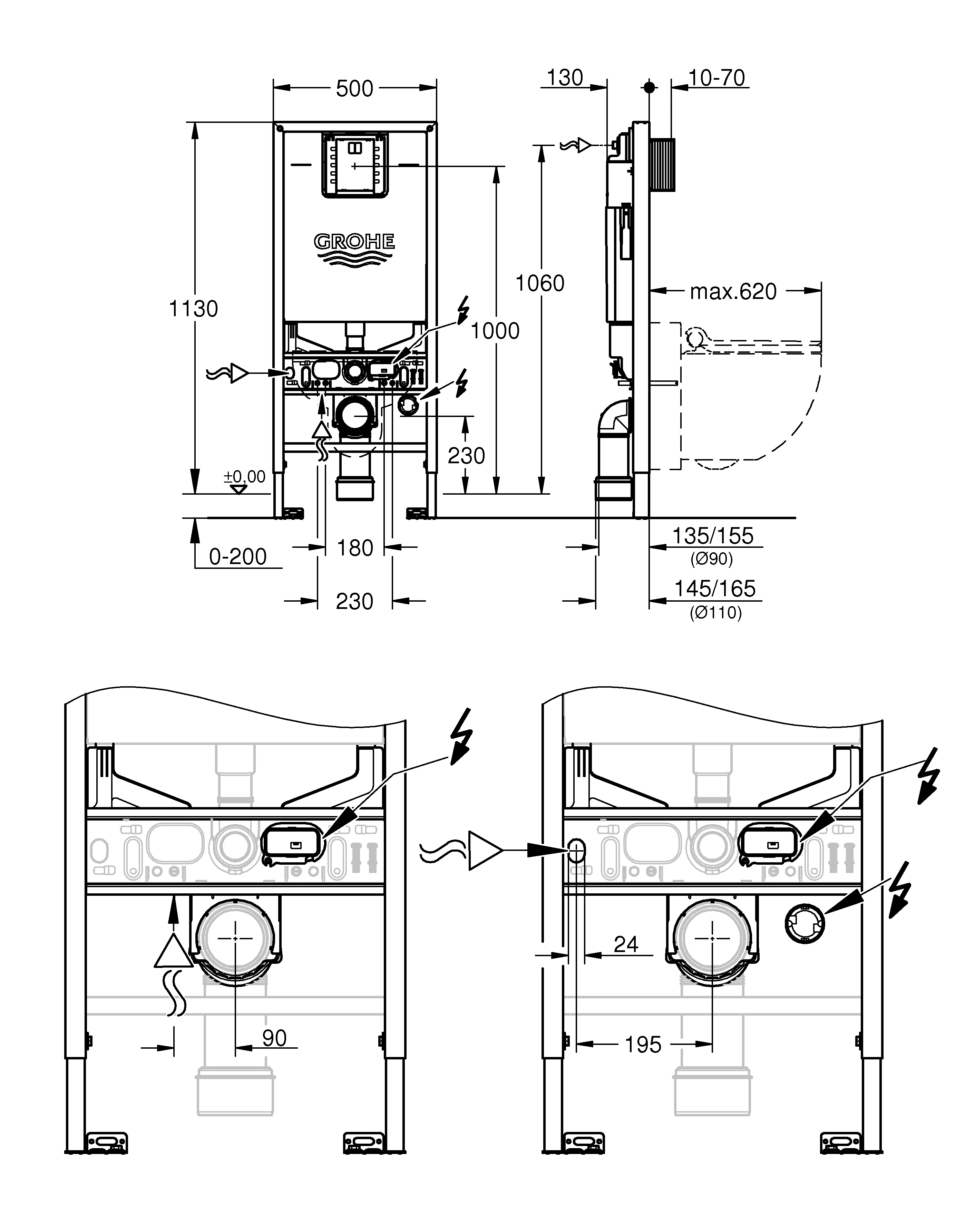 Wand-WC-Element Rapid SLX 39596, 1,13 m Bauhöhe, für Vorwand- oder Ständerwandmontage, mit Spülstromdrossel, Stromanschluss (Klemmdose) und Wasseranschluss für Dusch WC, mit kleinem Revisionsschacht für kleine WC-Betätigungen