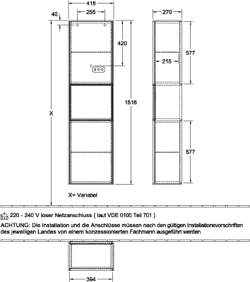 Villeroy & Boch Hochschrank „Finion“ 41,8 × 151,6 cm 2 Türen, Anschlag: rechts, inkl. Beleuchtung Anschlag rechts