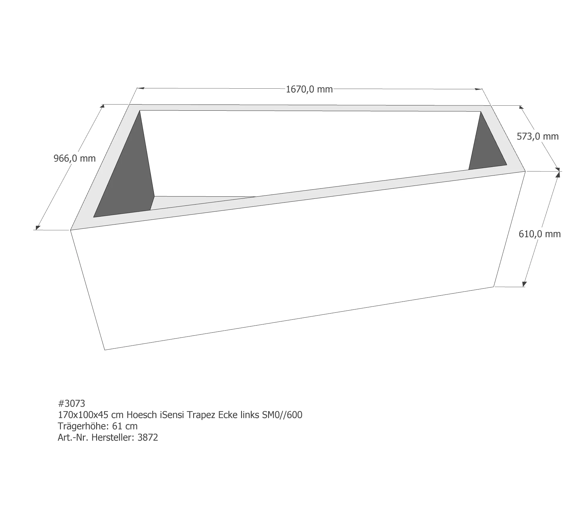 Badewannenträger für Hoesch iSensi links 170 × 100 × 45 cm