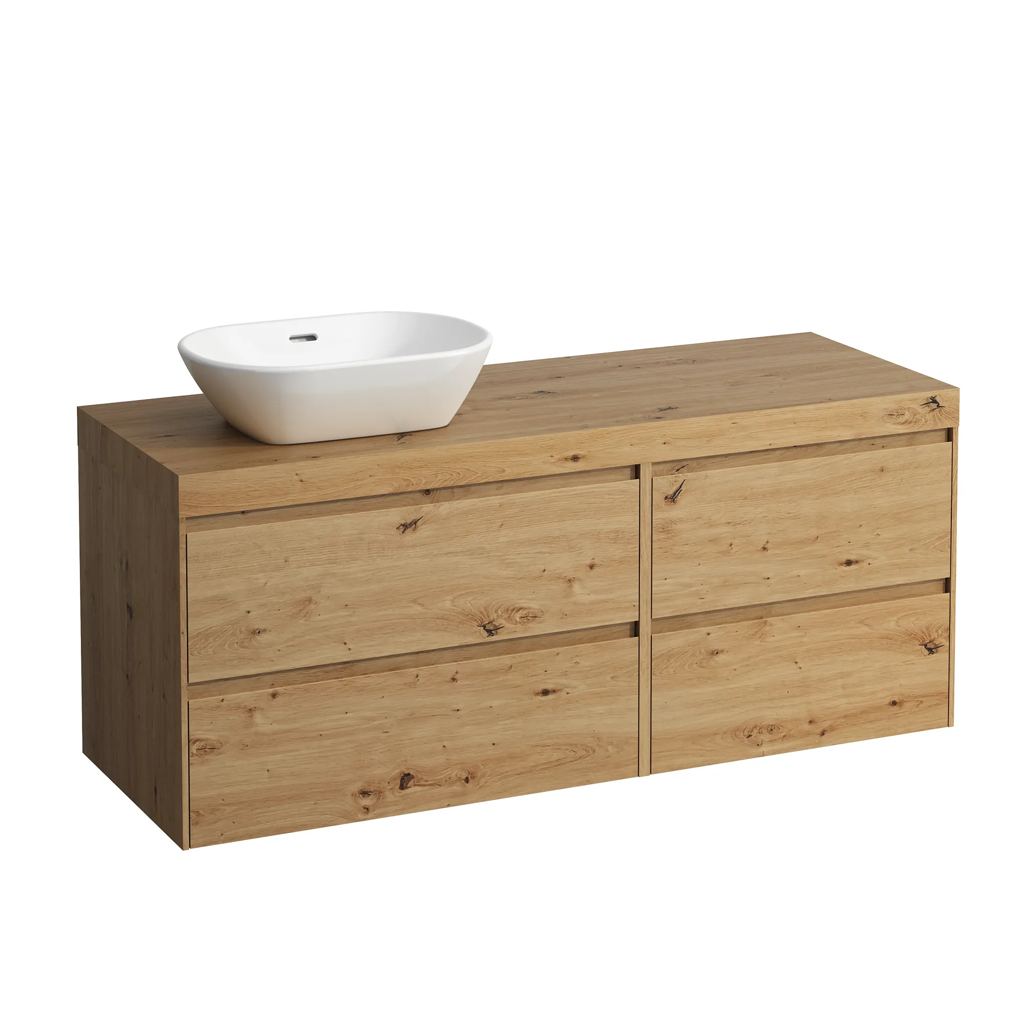Laufen Waschtischunterbau + -platte LANI Wildeiche, 495 x 1370 x 580 mm, 4 Schubladen (800/600 mm), wandhängend mit Ausschnitt links