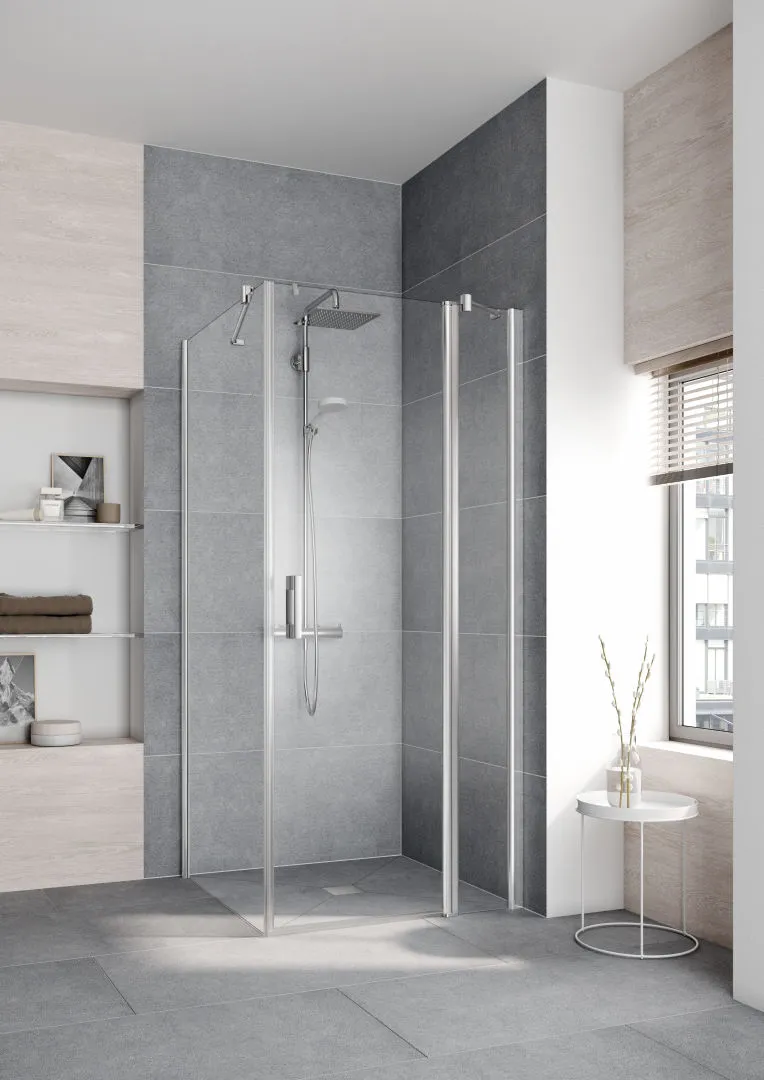 Kermi Duschtür Pendeltür 1-flügelig mit Festfeld rechts für Ecke „PEGA“ Glas Klar, Profile Silber Hochglanz, BV: 765 - 790 mm GAK: 750 - 775 mm WE: 775 - 800 mm H: 1850 mm
