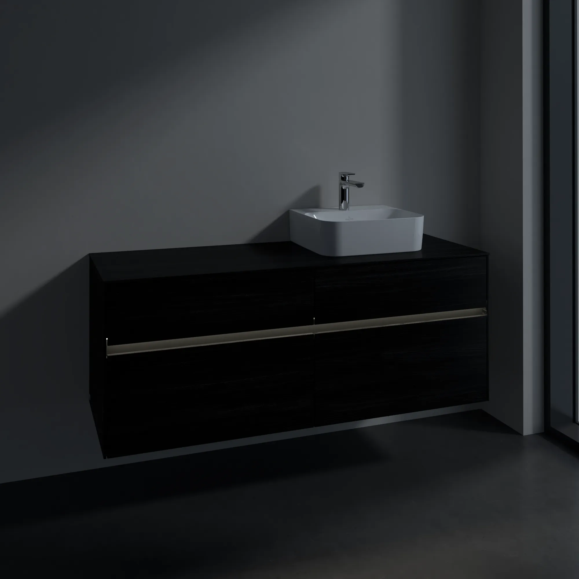 Villeroy & Boch Waschtischunterschrank „Collaro“ 1400 × 548 × 500 mm Black Oak, mit Beleuchtung, für Becken rechts Villeroy & Boch Waschtischunterschrank „Collaro“ 1400 × 548 × 500 mm Black Oak, mit Beleuchtung, für Becken rechts