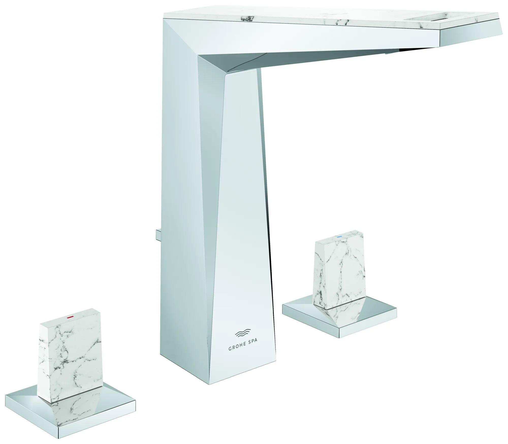 3-Loch-Waschtischbatterie Allure Brilliant Private Collection 20668, mit Knopfbetätigung (Trapez) White Attica Ceasarstone, Zugstangen-Ablaufgarnitur 1 1/4", chrom 3-Loch-Waschtischbatterie Allure Brilliant Private Collection 20668, mit Knopfbetätigung (Trapez) White Attica Ceasarstone, Zugstangen-Ablaufgarnitur 1 1/4", chrom